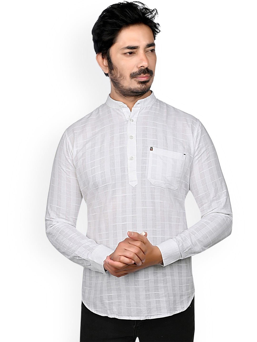

Authentics Checked Mandarin Collar Short Kurta, White