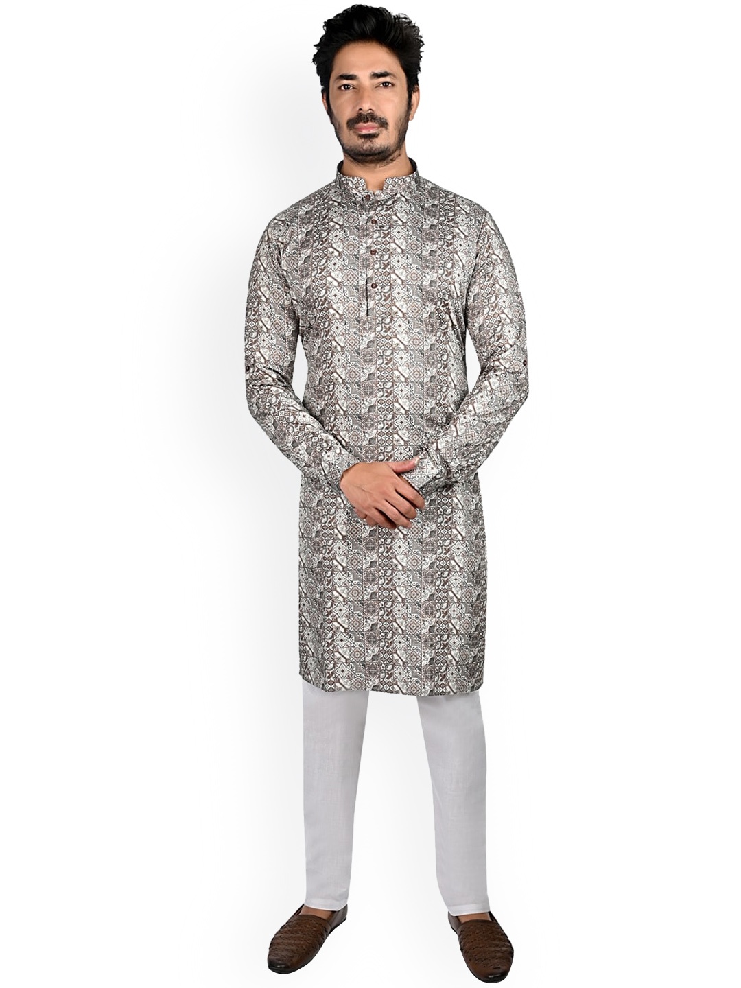 

Authentics Geometric Printed Cotton Kurta, Brown