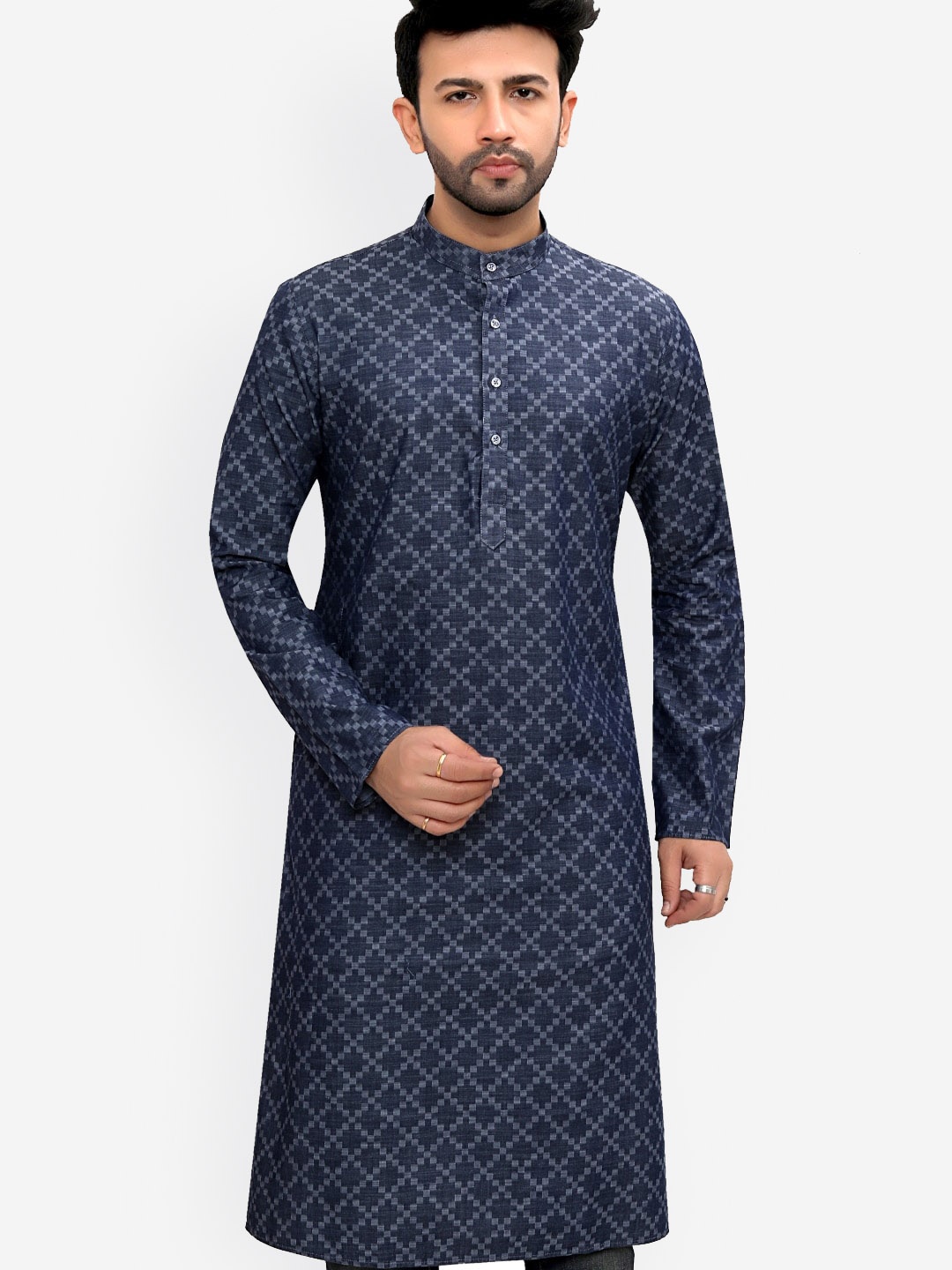 

Authentics Geometric Woven Design Mandarin Collar Denim Kurta, Blue