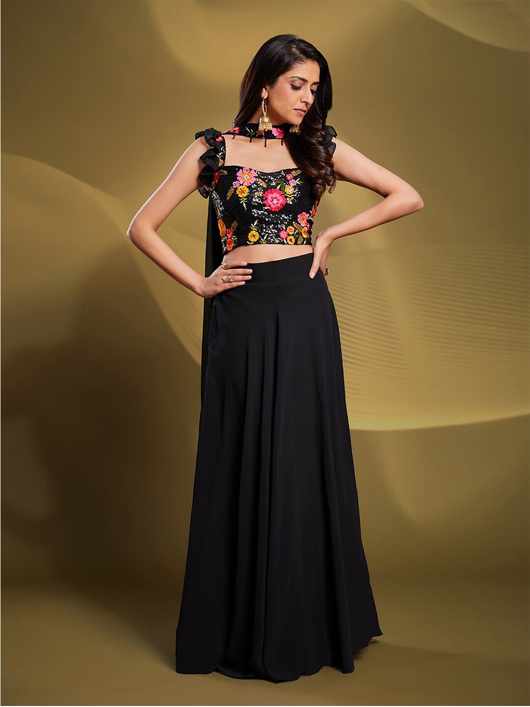 

Fusionic Floral Embroidered Sequinned Ready to Wear Lehenga & Blouse With Dupatta, Black