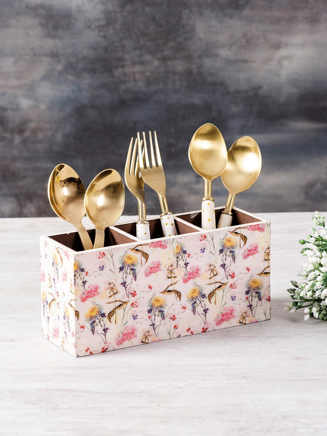 

nestroots White Printed Wooden Cutlery Holder