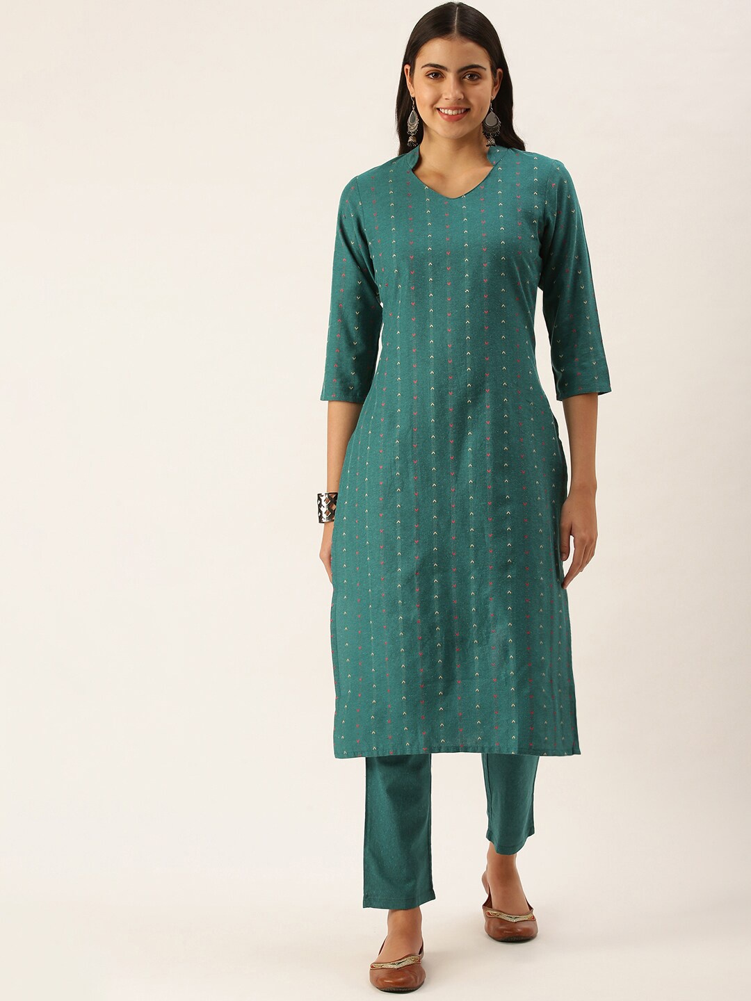 

KALINI Woven Design Mandarin Collar Regular Kurta With Trousers, Teal