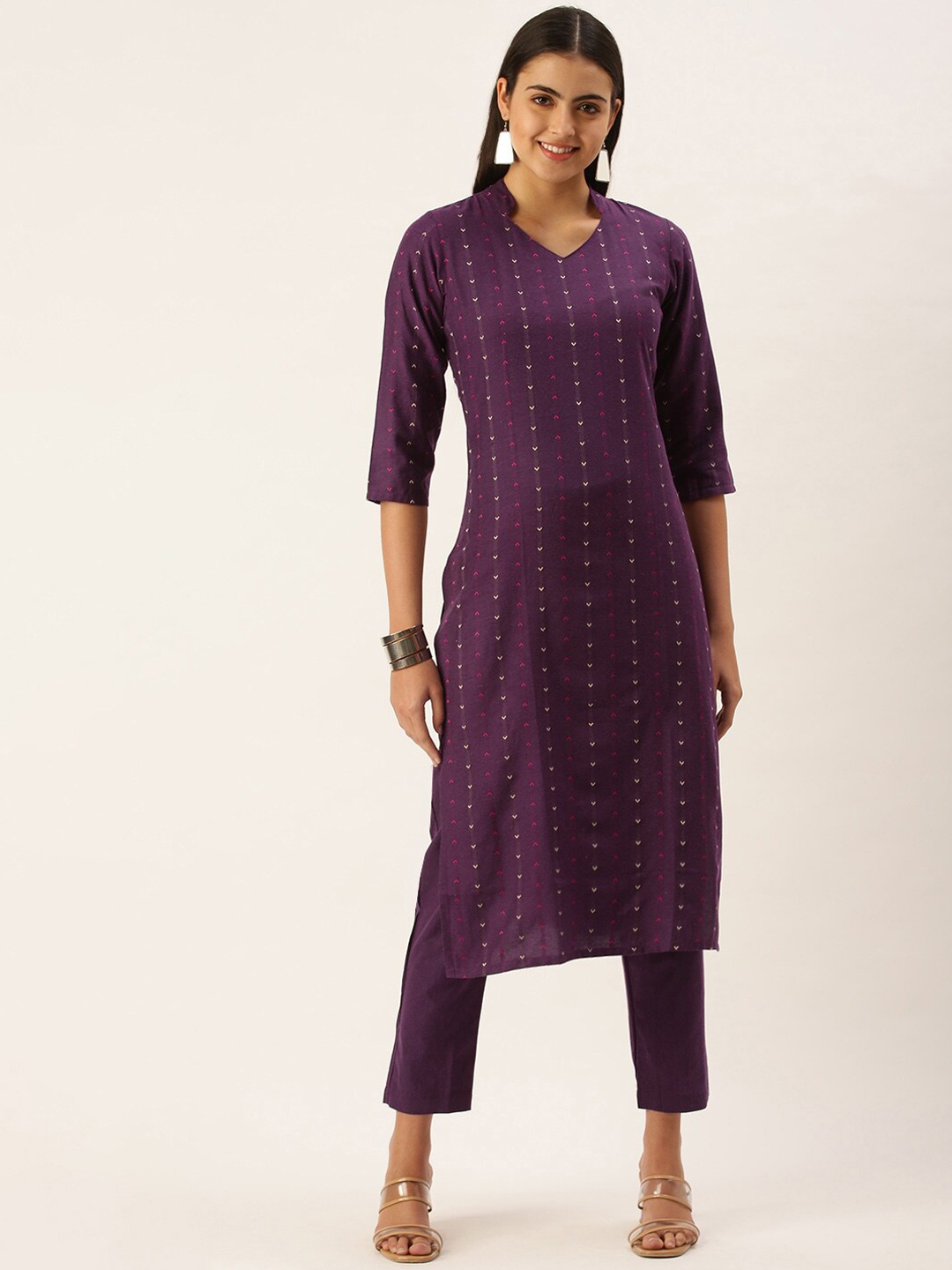 

KALINI Geometric Printed Regular Kurta with Trousers, Violet