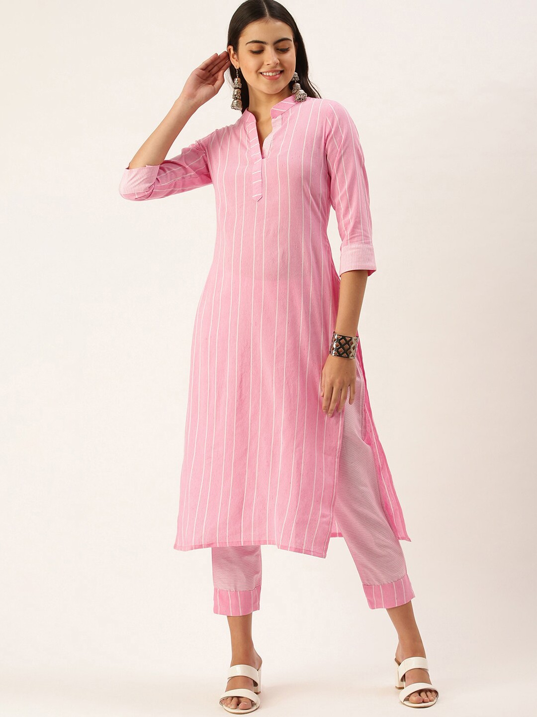 

KALINI Striped Mandarin Collar Straight Kurta With Trouser, Pink