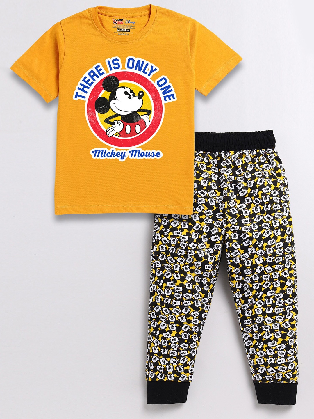 

SmartRAHO Boys Mickey Mouse Printed Pure Cotton T-shirt With Trousers, Mustard