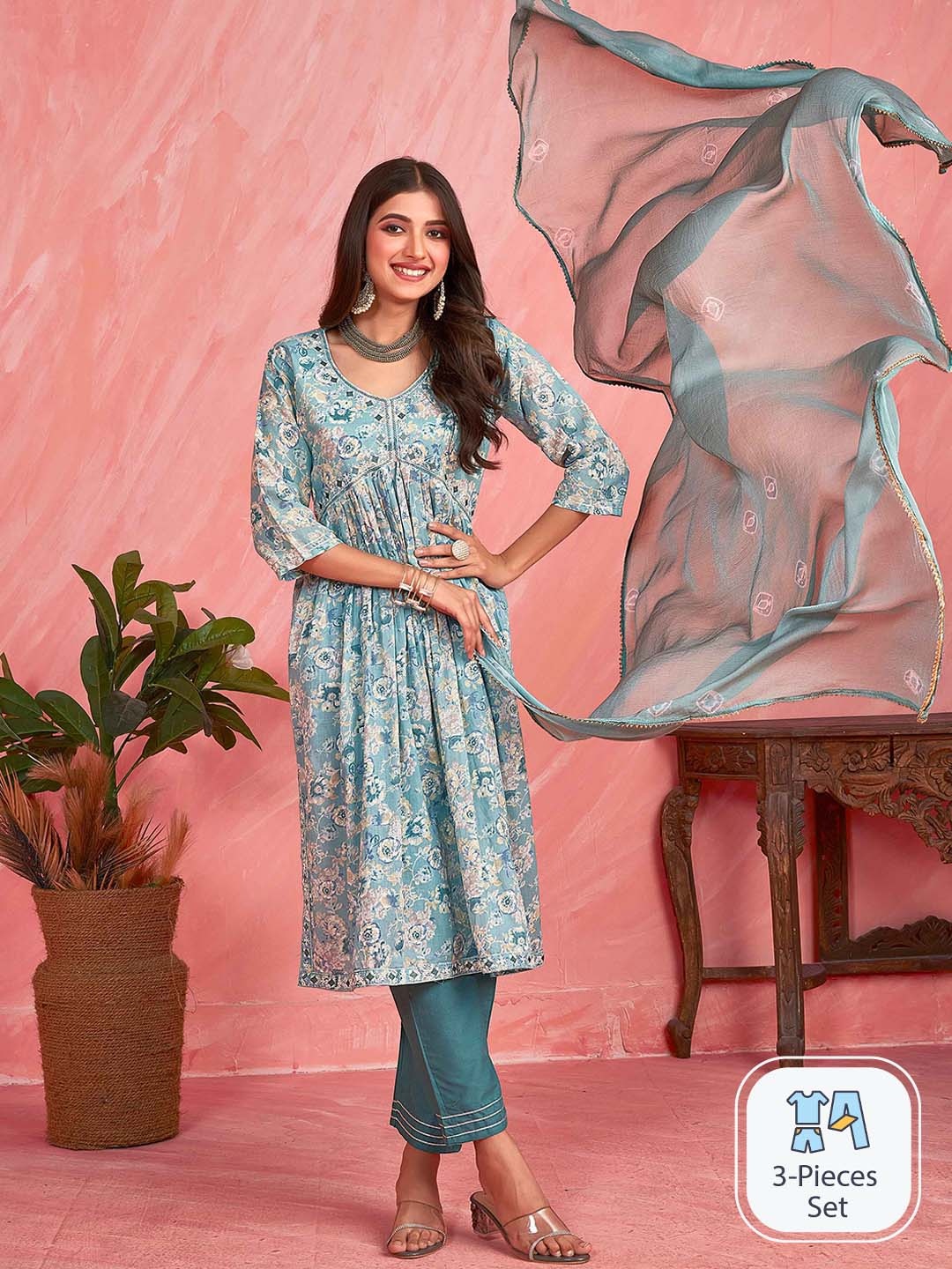 

Ishin Floral Printed Thread Work Pure Cotton A-line Kurta & Trouser With Dupatta, Grey