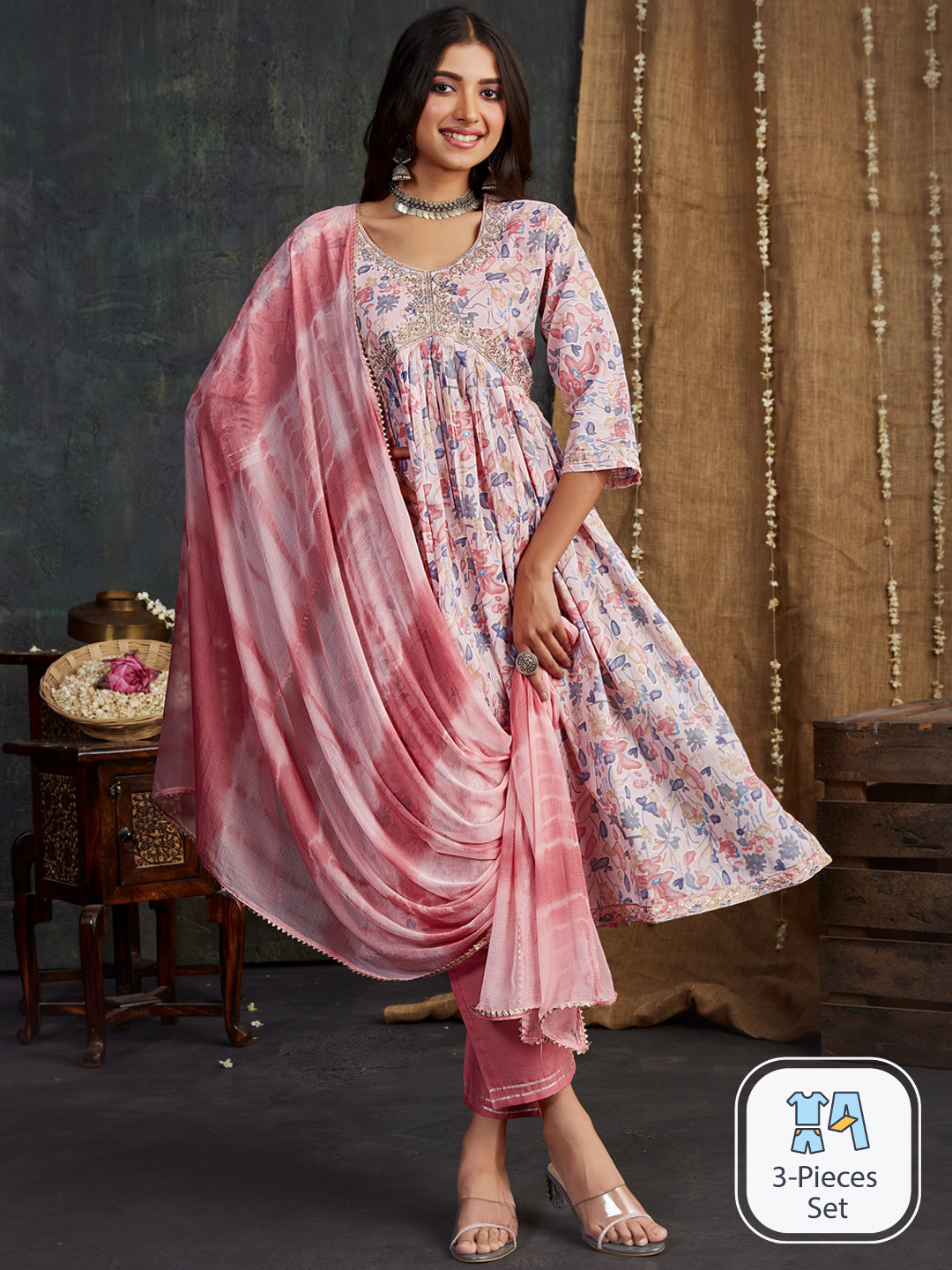 

Ishin Pink Floral Printed Empire Thread Work Pure Cotton Kurta & Trousers With Dupatta