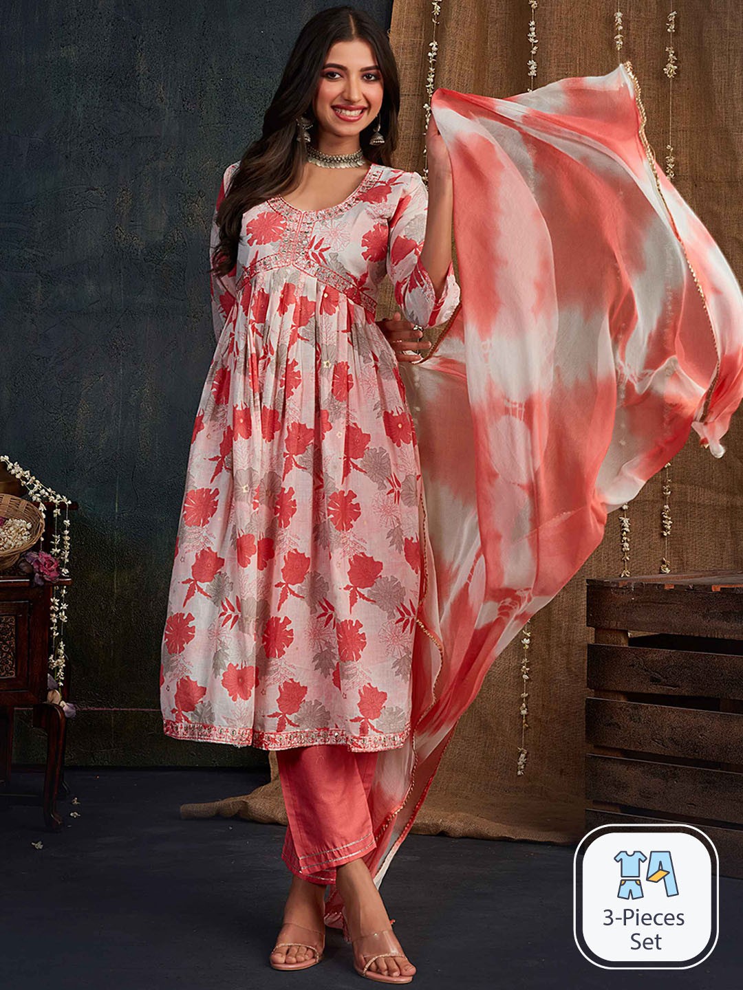 

Ishin Peach Coloured Floral Printed Gotta Patti Empire Pure Cotton Kurta Set