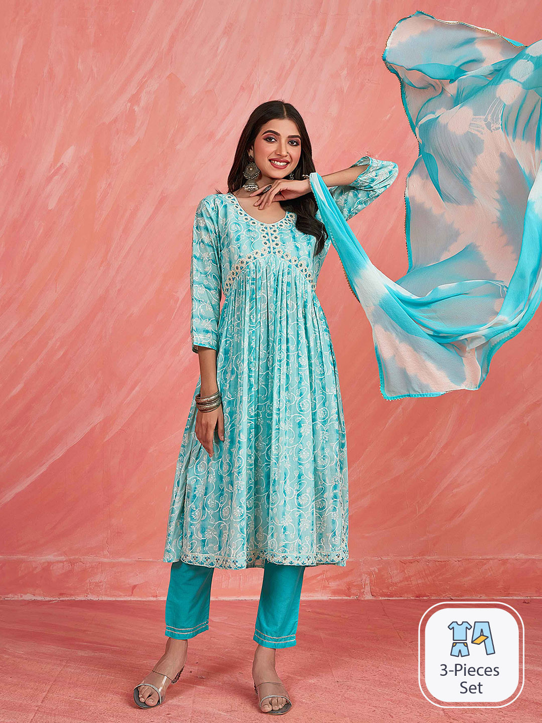 

Ishin Floral Printed V-Neck Thread Work Pure Cotton A-line Kurta & Trouser With Dupatta, Sea green