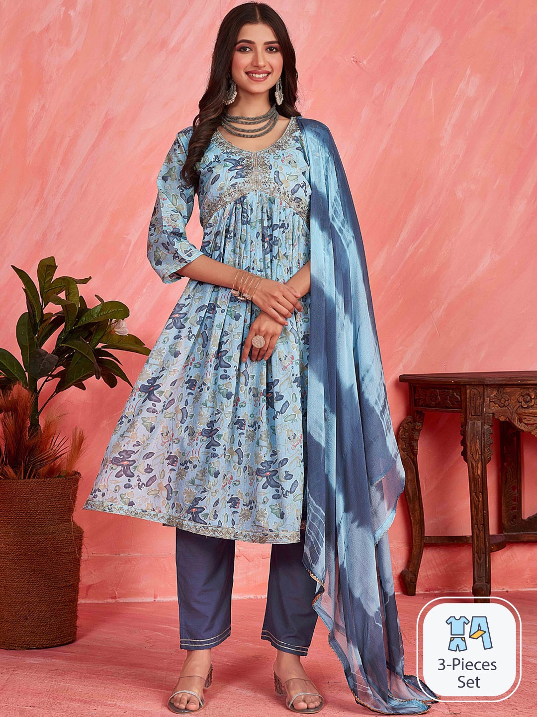 

Ishin Blue Floral Printed Thread Work Pure Cotton A-Line Kurta & Trousers With Dupatta