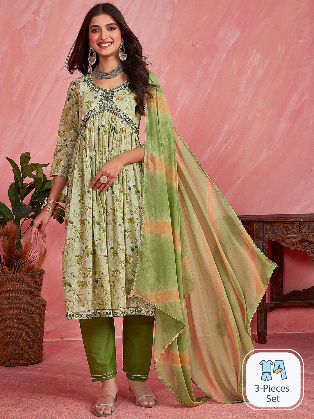 

Ishin Green Floral Printed Thread Work Pure Cotton A-Line Kurta & Trousers With Dupatta