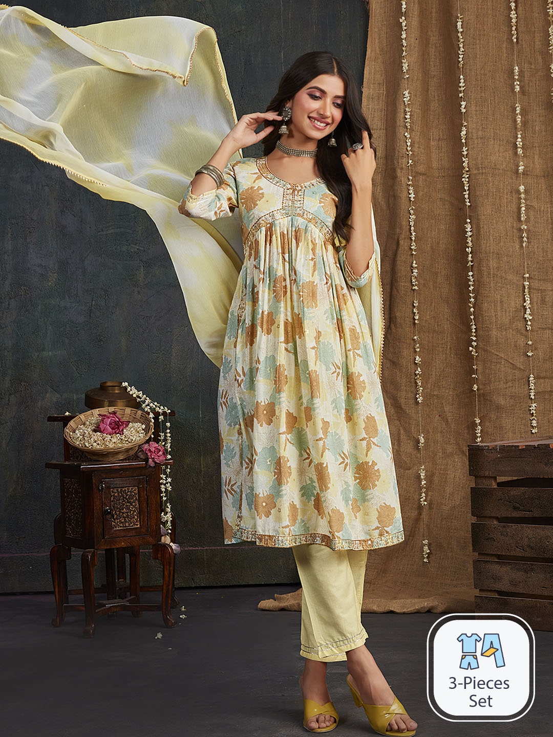 

Ishin Yellow Floral Printed Thread Work Pure Cotton A-Line Kurta & Trousers With Dupatta