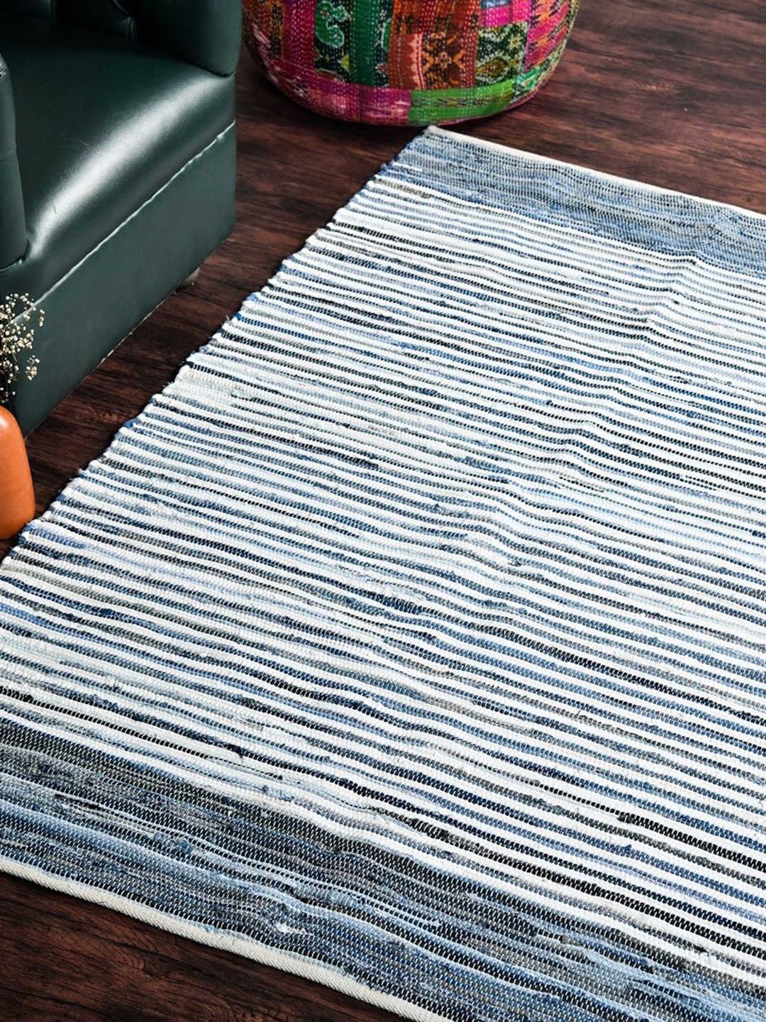 

HOMEMONDE Blue & White Striped Reversible Cotton Carpet