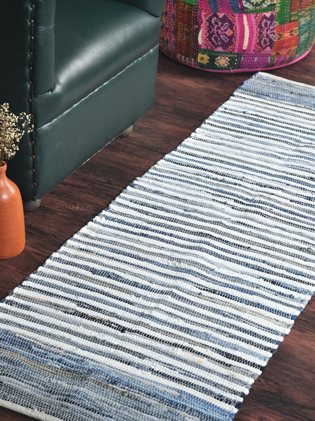 

HOMEMONDE Blue & White Striped Reversible Floor Runner