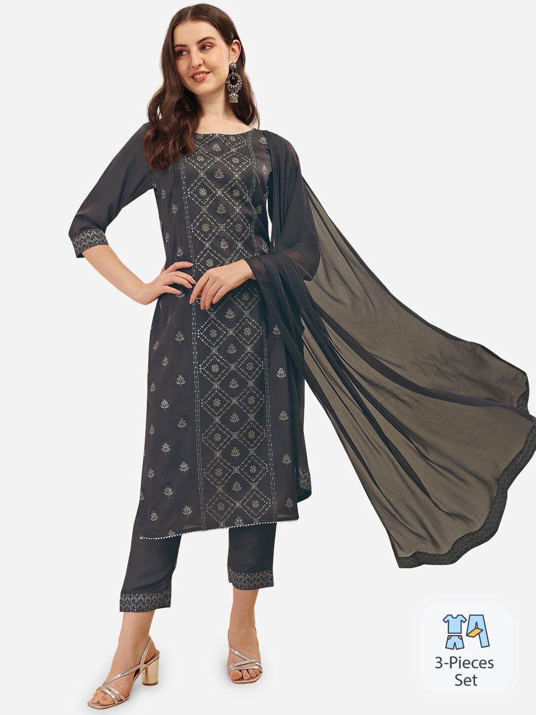 

KALINI Ethnic Motifs Printed Regular Sequinned Kurta With Trousers & Dupatta, Grey