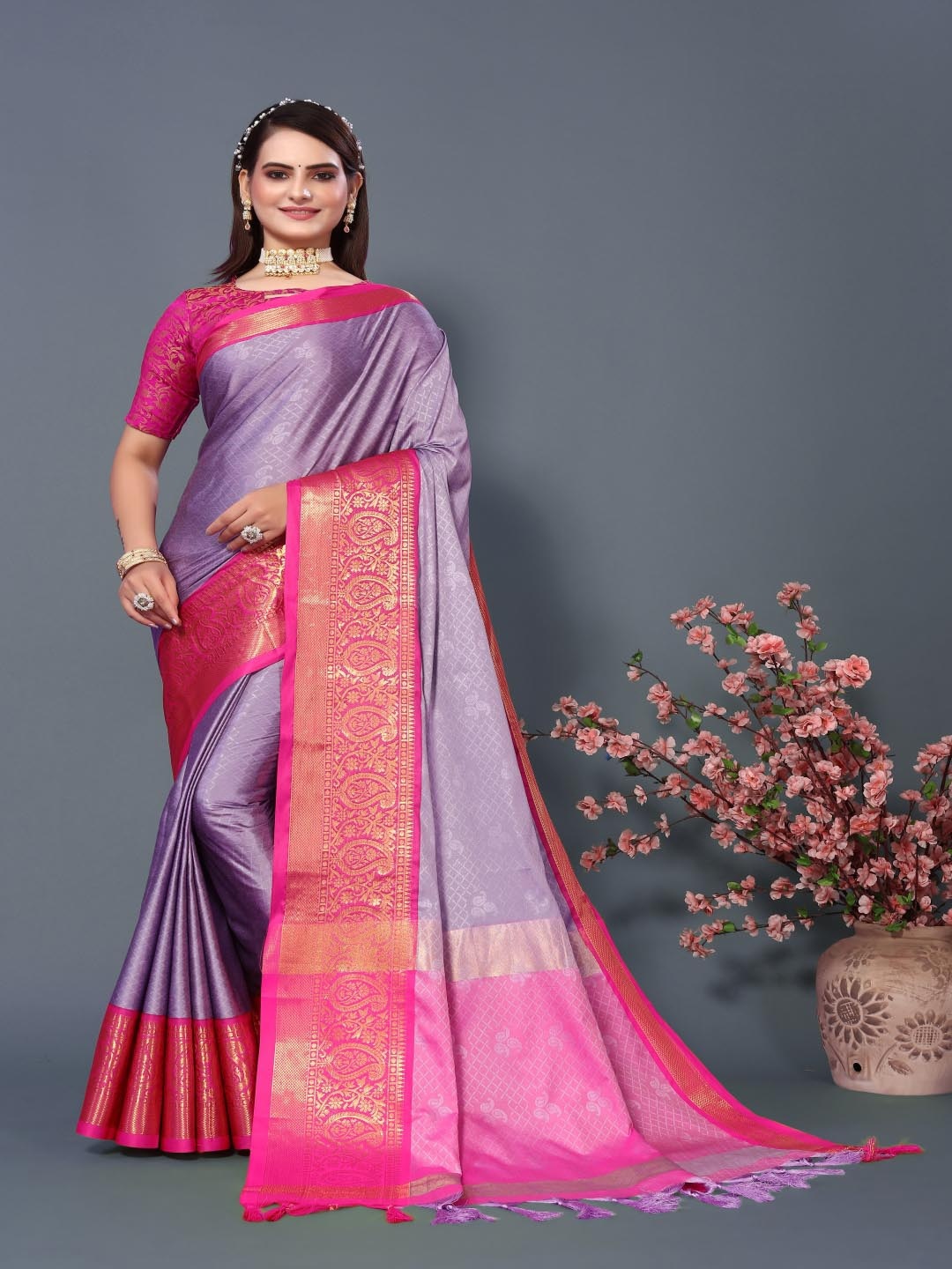 

Paramparik Textile Woven Design Zari Silk Cotton Banarasi Saree, Pink