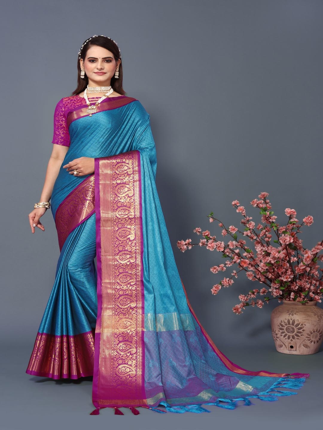 

Paramparik Textile Ethnic Motifs Woven Design Zari Silk Cotton Banarasi Saree, Blue