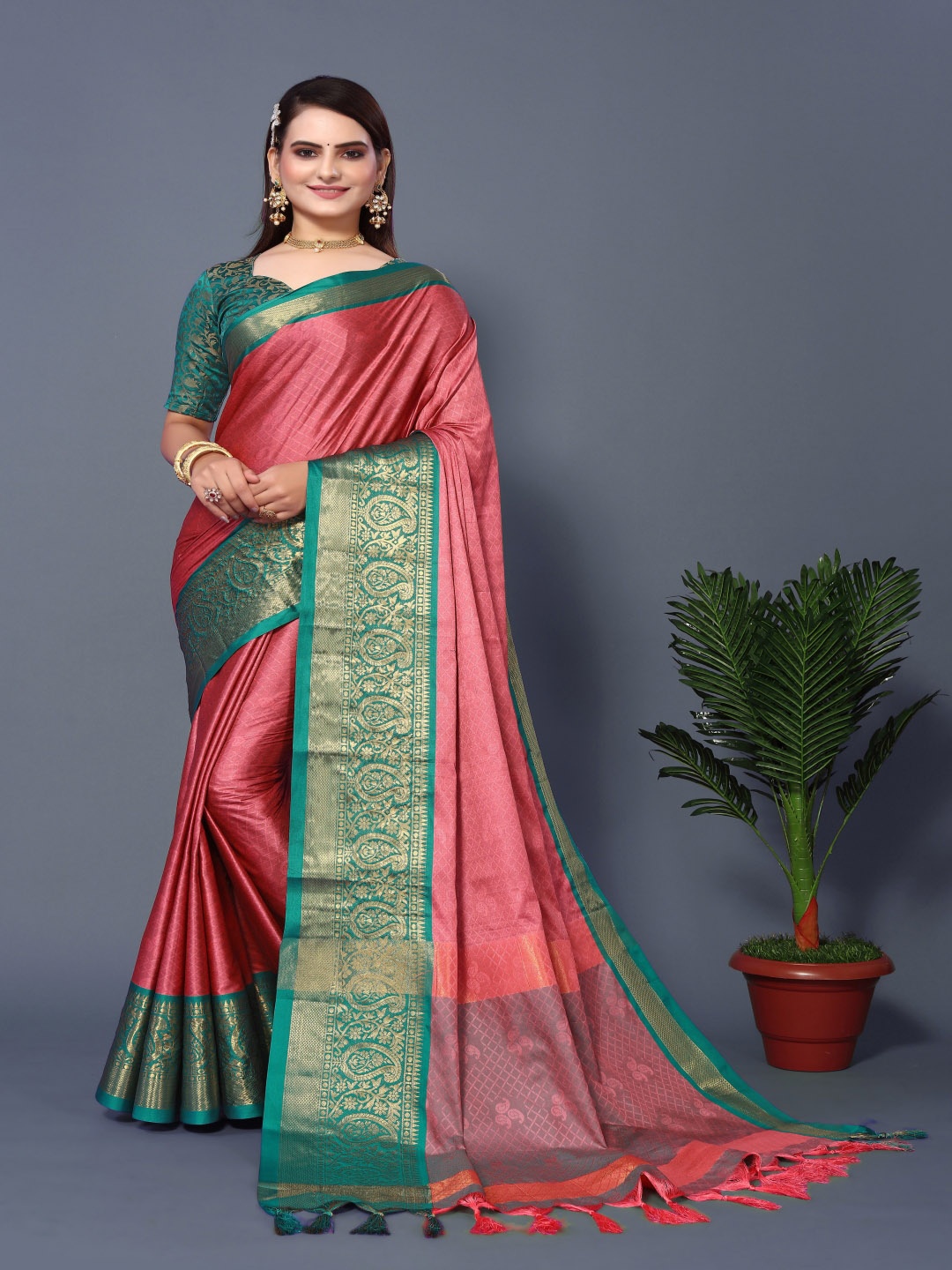 

Paramparik Textile Ethnic Motif Woven Design Zari Silk Cotton Banarasi Saree, Green