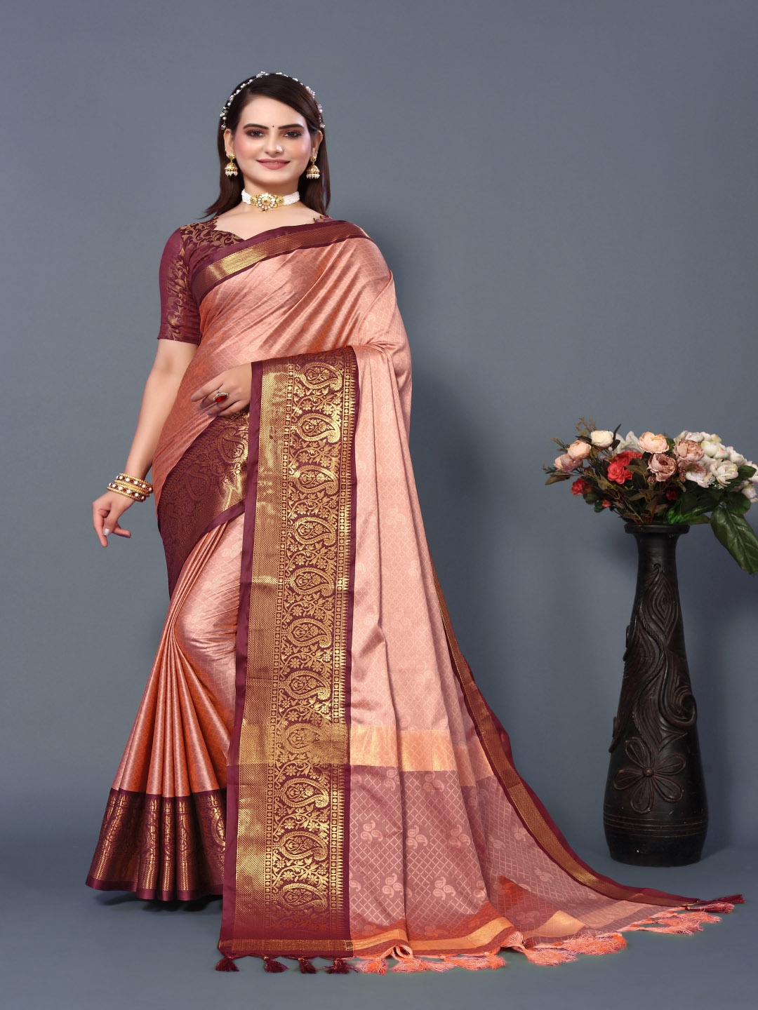 

Paramparik Textile Woven Design Zari Silk Cotton Banarasi Saree, Peach