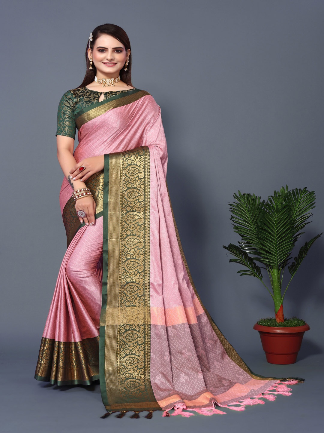 

Paramparik Textile Ethnic Motifs Woven Design Zari Silk Cotton Banarasi Saree, Pink