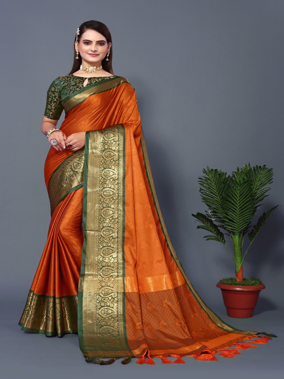 

Paramparik Textile Woven Design Zari Silk Cotton Banarasi Saree, Orange