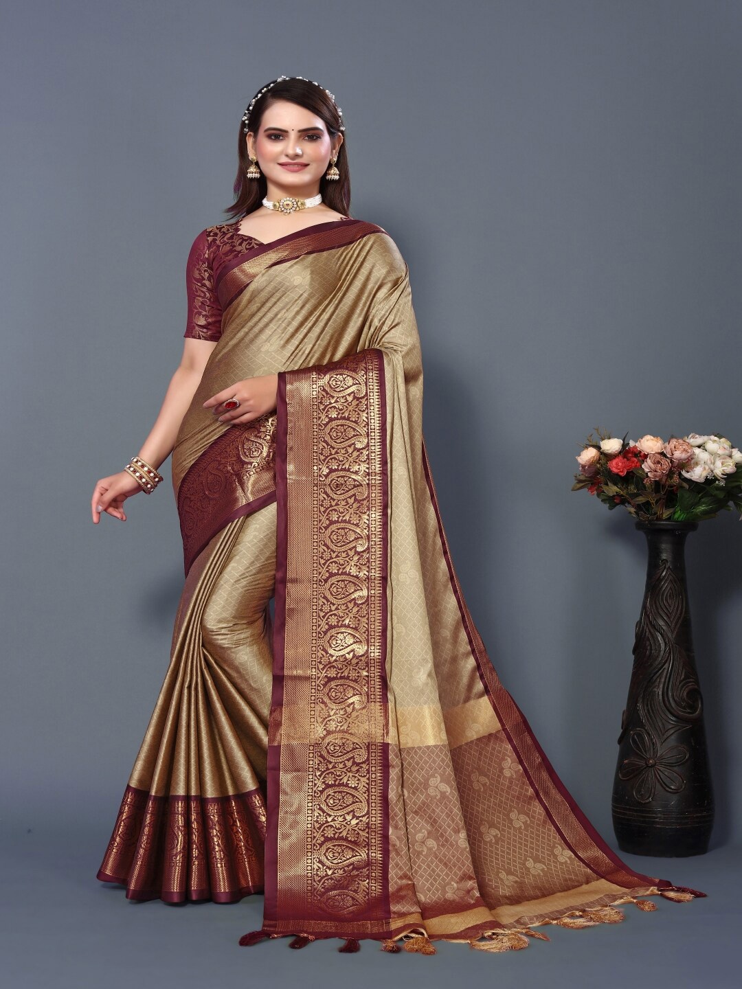

Paramparik Textile Ethnic Motifs Woven Design Zari Banarasi Saree, Beige