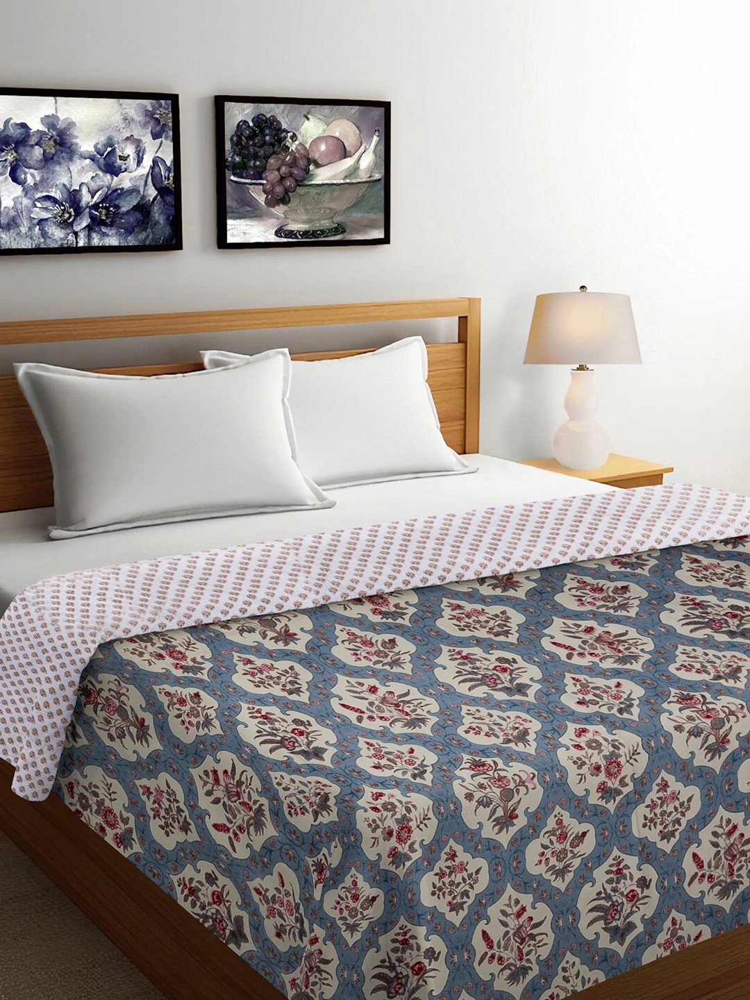 

FABINALIV Floral Reversible Mild Winter 350 GSM Micro Fiber Filling Double Bed Comforter, Blue