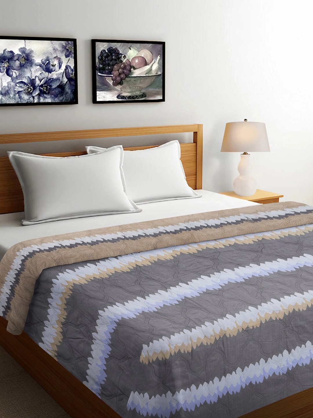 

FABINALIV Grey & White Striped Mild Winter 350 GSM Reversible Double Bed Comforter