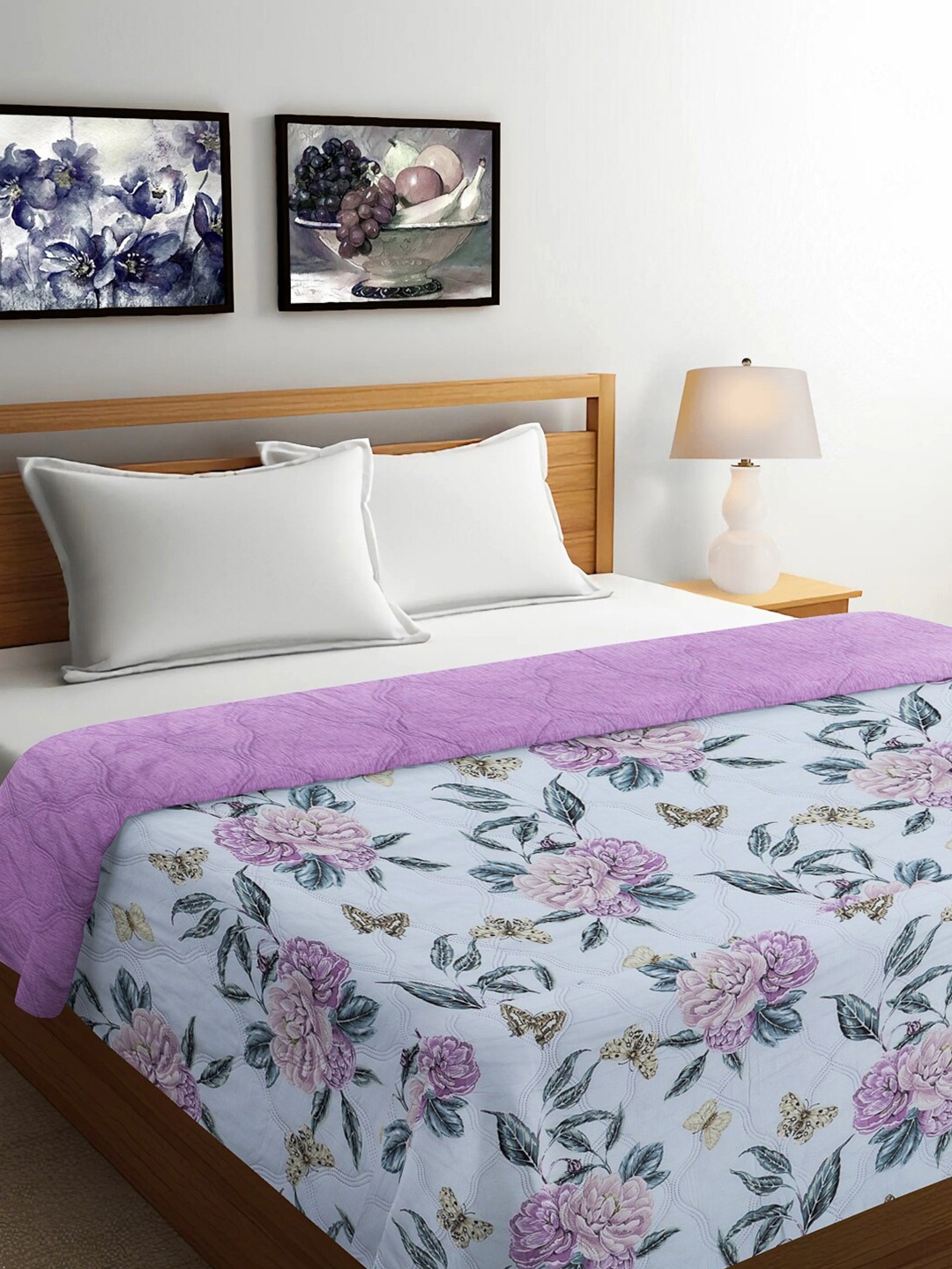 

FABINALIV White & Purple Floral Mild Winter 350 GSM Reversible Double Bed Comforter