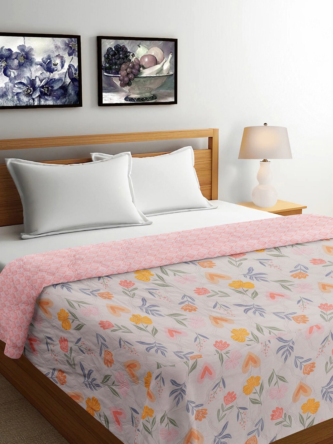 

FABINALIV Multicolor Floral Reversible 350 GSM Micro Fiber Filling Double Bed Comforter, White