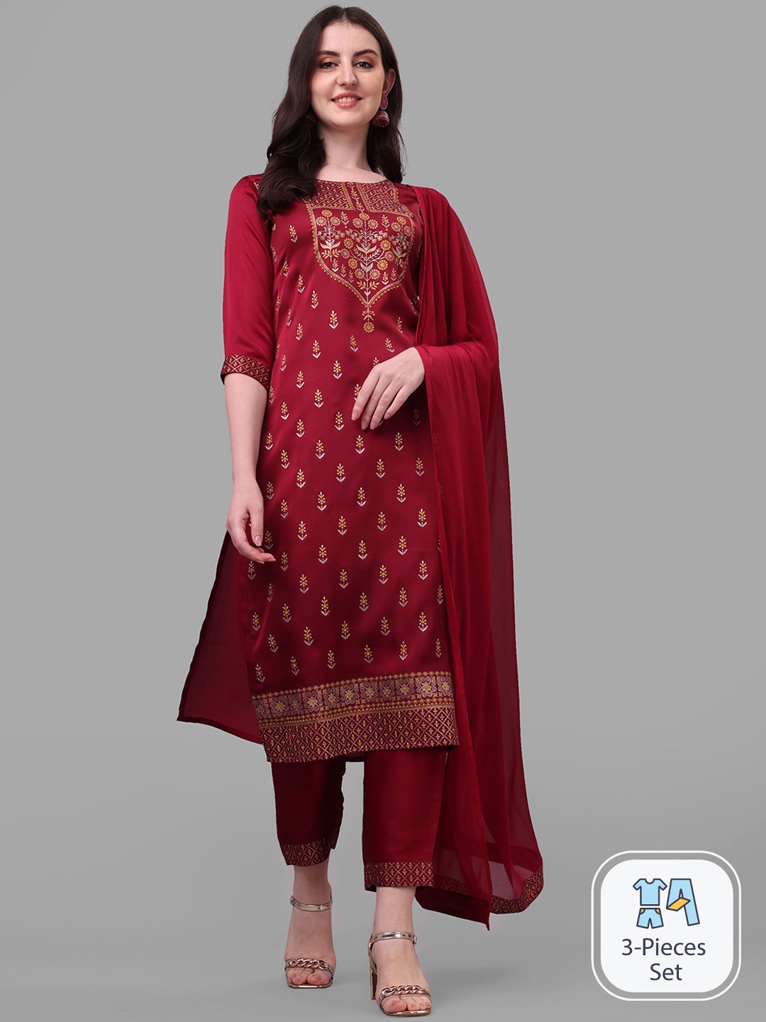 

KALINI Ethnic Motifs Printed Regular Kurta & Trousers With Dupatta, Red