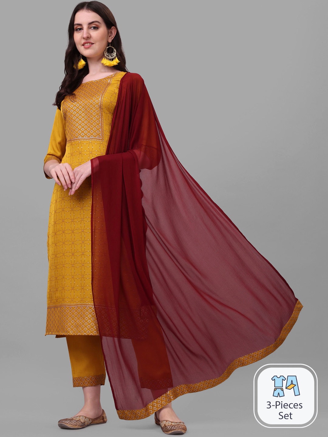 

KALINI Ethnic Motifs Embroidered Thread Work Pure Silk Kurta With Trousers & Dupatta, Mustard