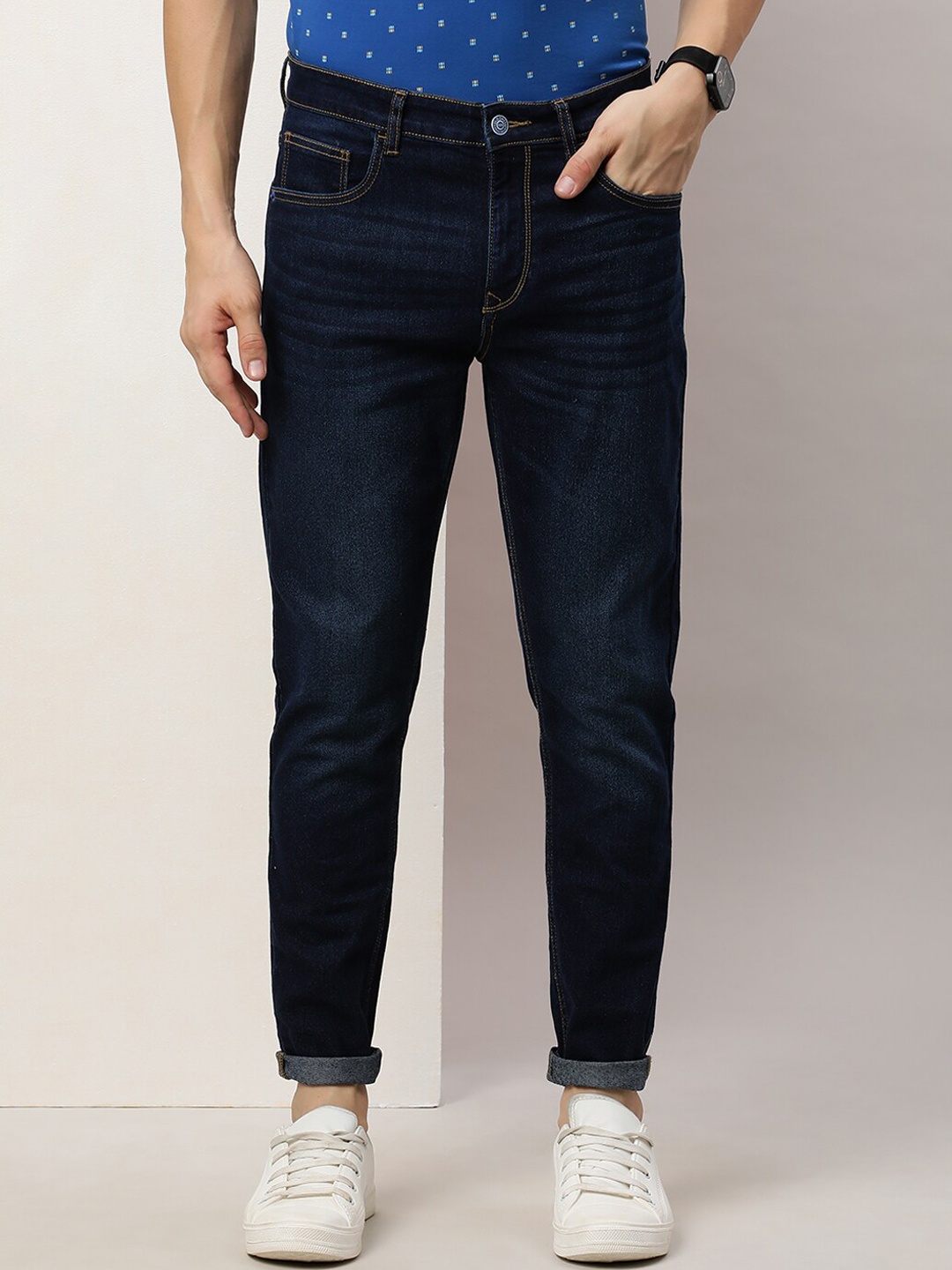 

Old Grey Men Slim Fit Light Fade Comfort Denim Jeans Stretchable Jeans, Navy blue