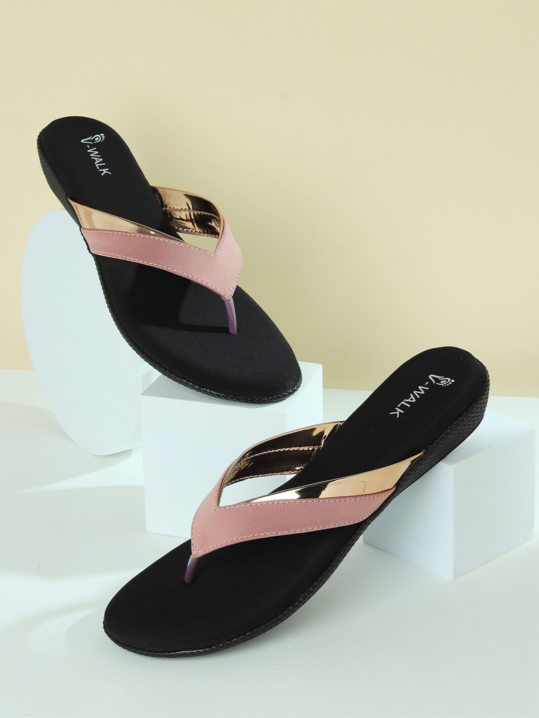 

V-WALK Colourblocked Open Toe Flats, Peach