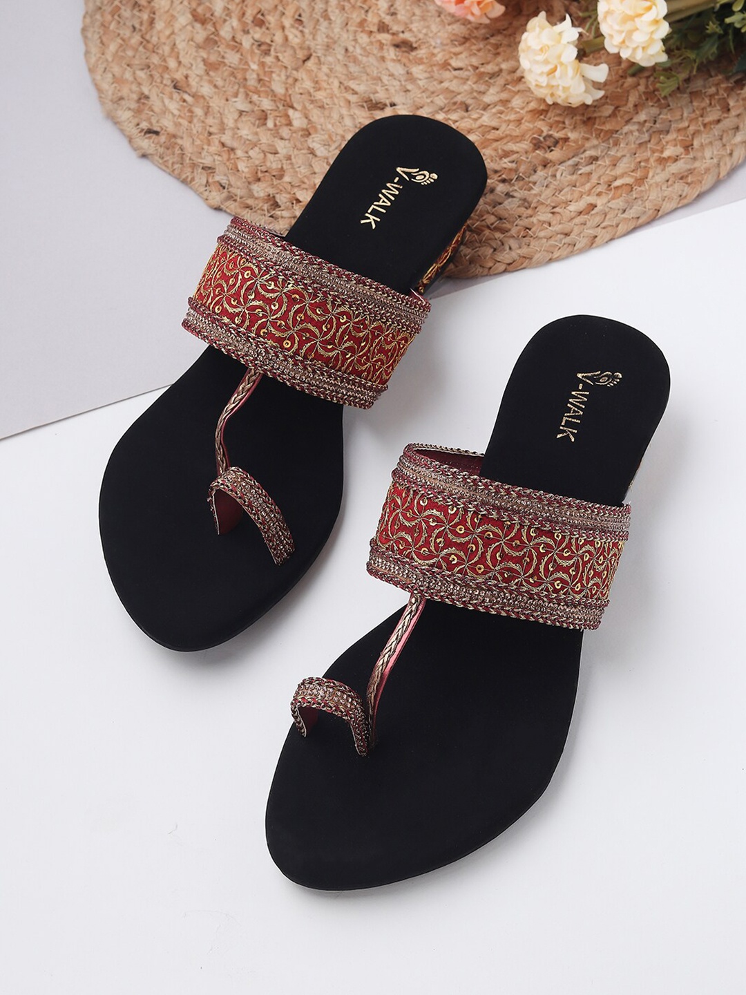 

V-WALK Maroon & Black Embellished Ethnic Block Sandals