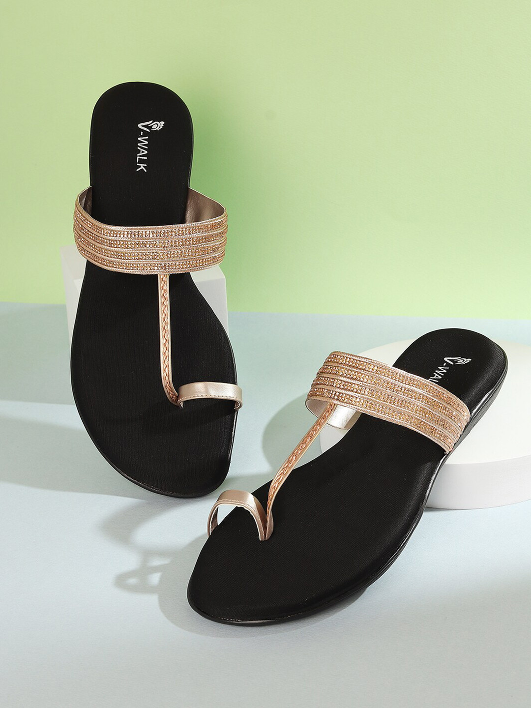 

V-WALK Ethnic Embellished One Toe Flats, Rose gold