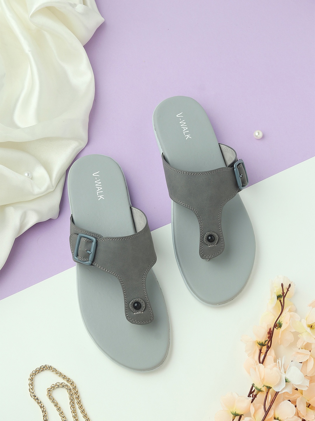 

V-WALK Buckled Open Toe Flats, Grey