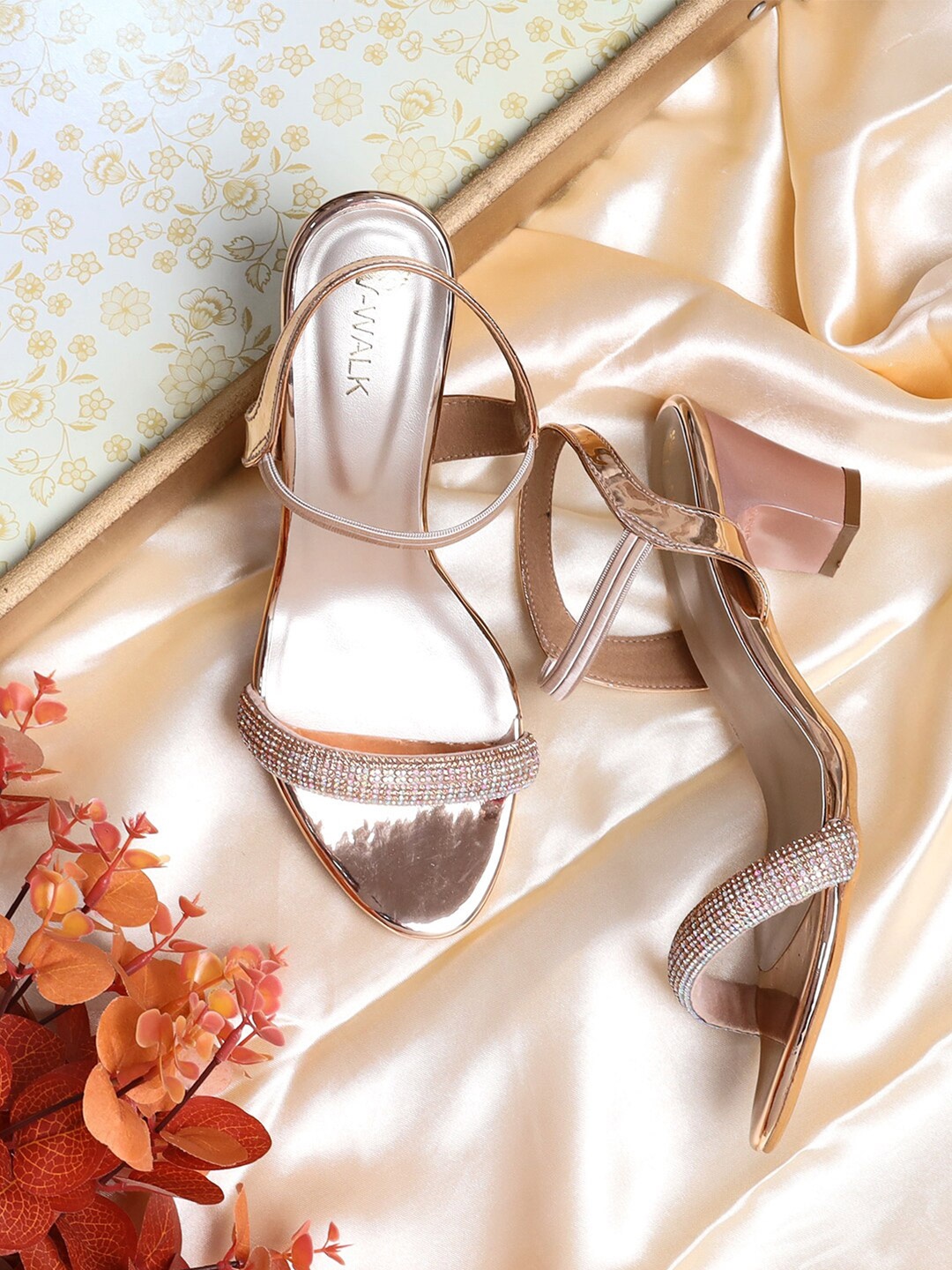 

V-WALK Embellished Party Open Toe Block Heels With Backstrap, Rose gold