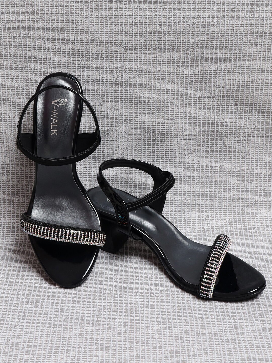 

V-WALK Embellished Party Open Toe Block Heels With Backstrap, Black