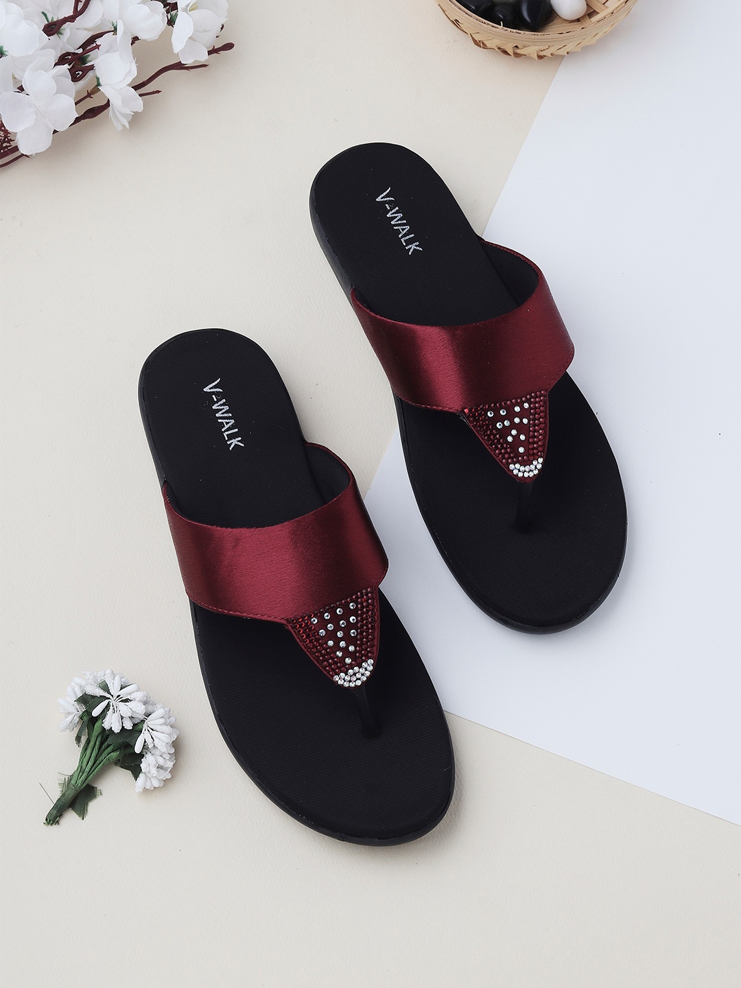 

V-WALK Embellished Open Toe Flats, Maroon