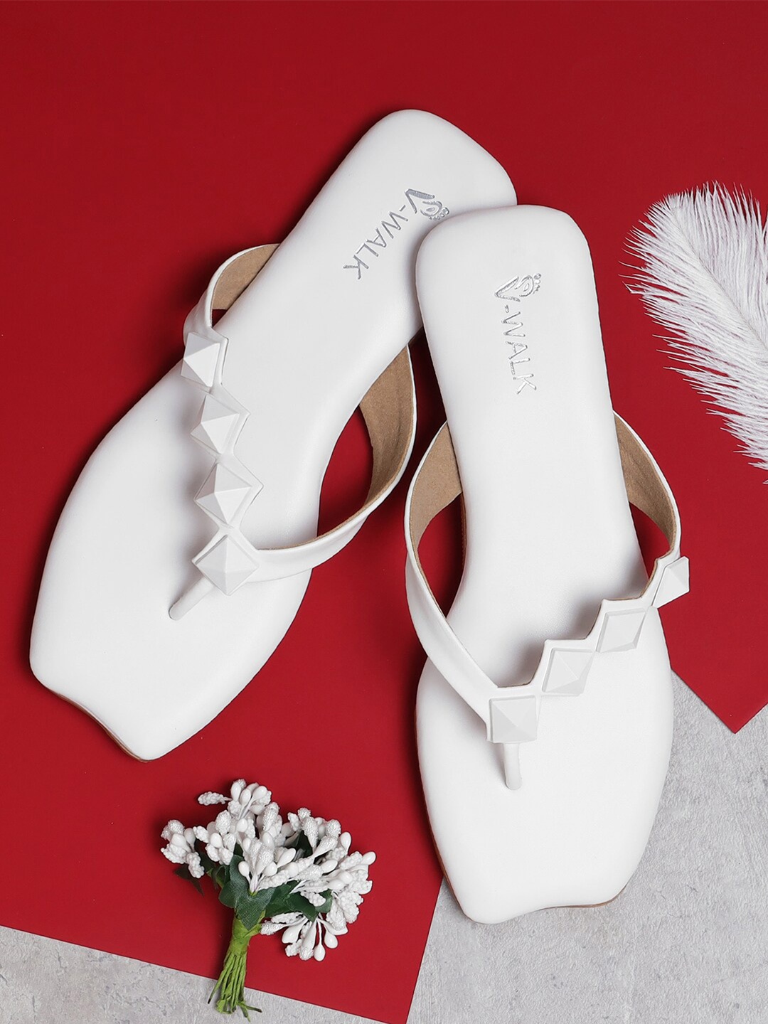 

V-WALK Studded Open Toe Flats, White