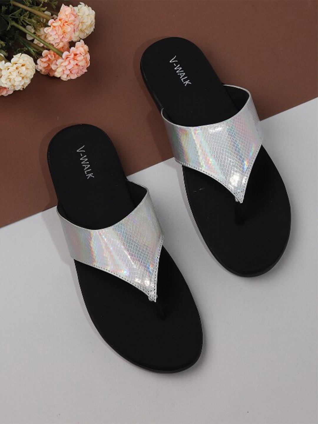 

V-WALK Textured Open Toe Flats, Silver