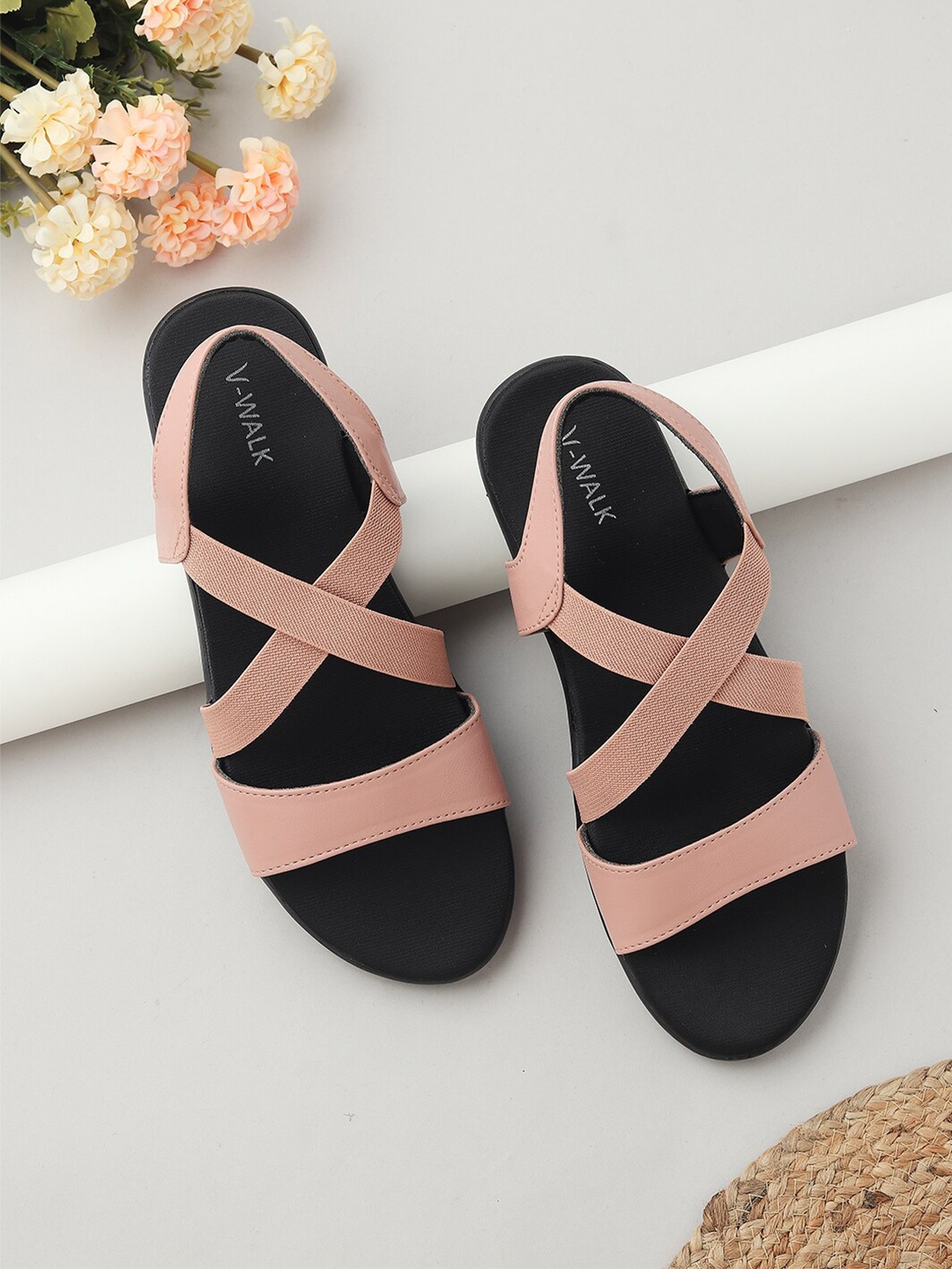 

V-WALK Cross Strap Open Toe Flats With Backstrap, Peach