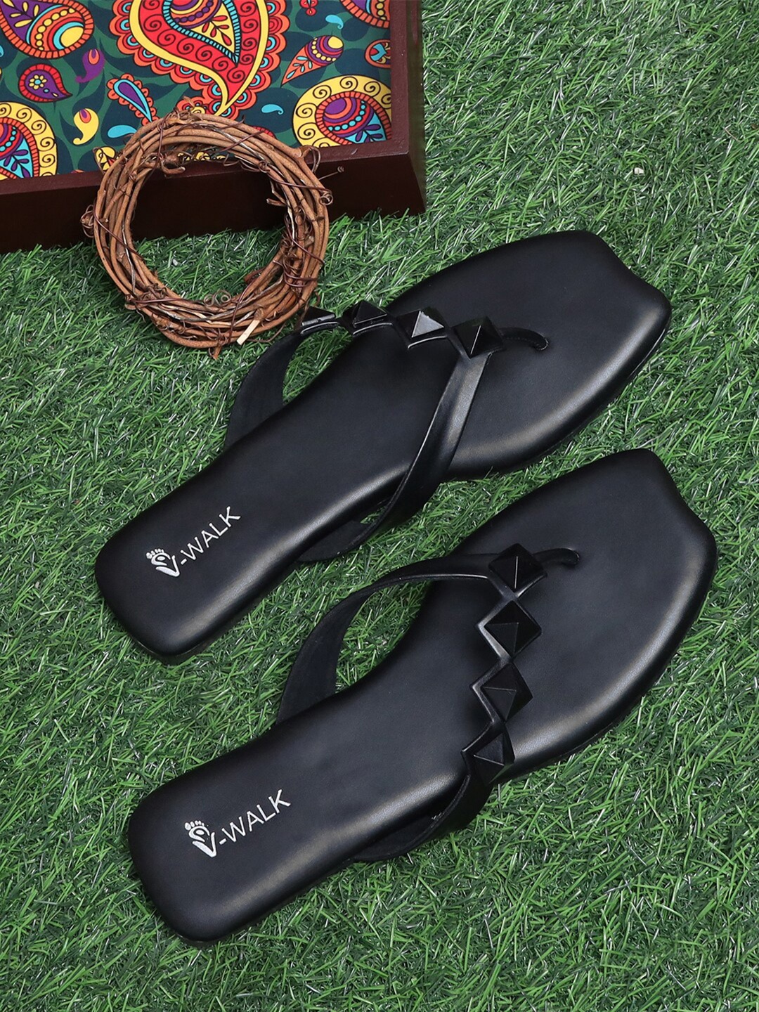 

V-WALK Studded Open Toe Flats, Black