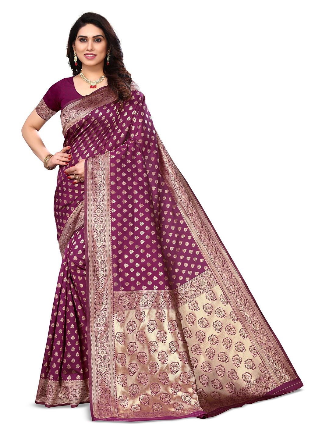 

Varanga Violet & Gold Toned Ethnic Motifs Woven Design Zari Banarasi Saree