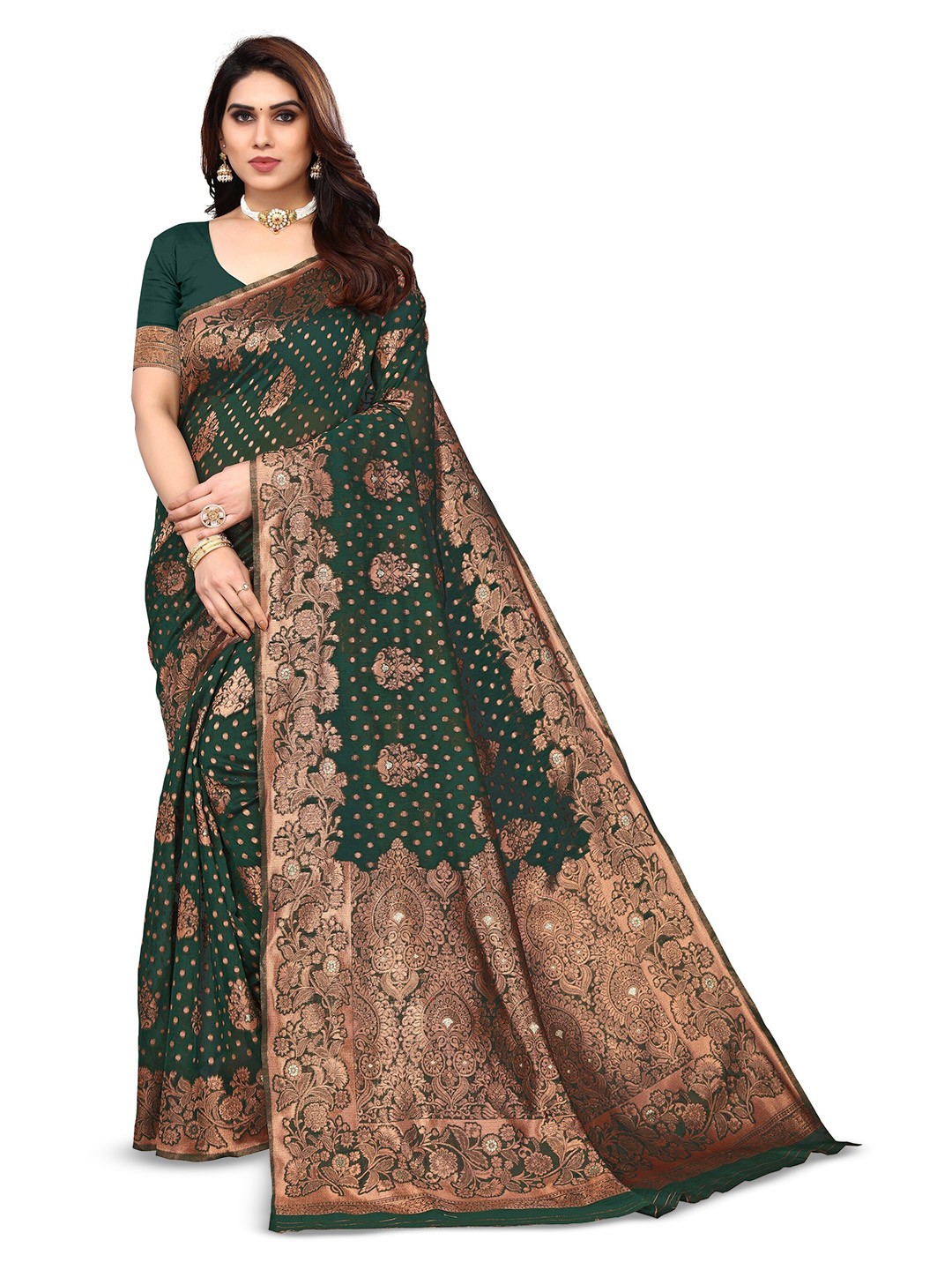 

Varanga Ethnic Motifs Woven Design Zari Art Silk Banarasi Saree, Green