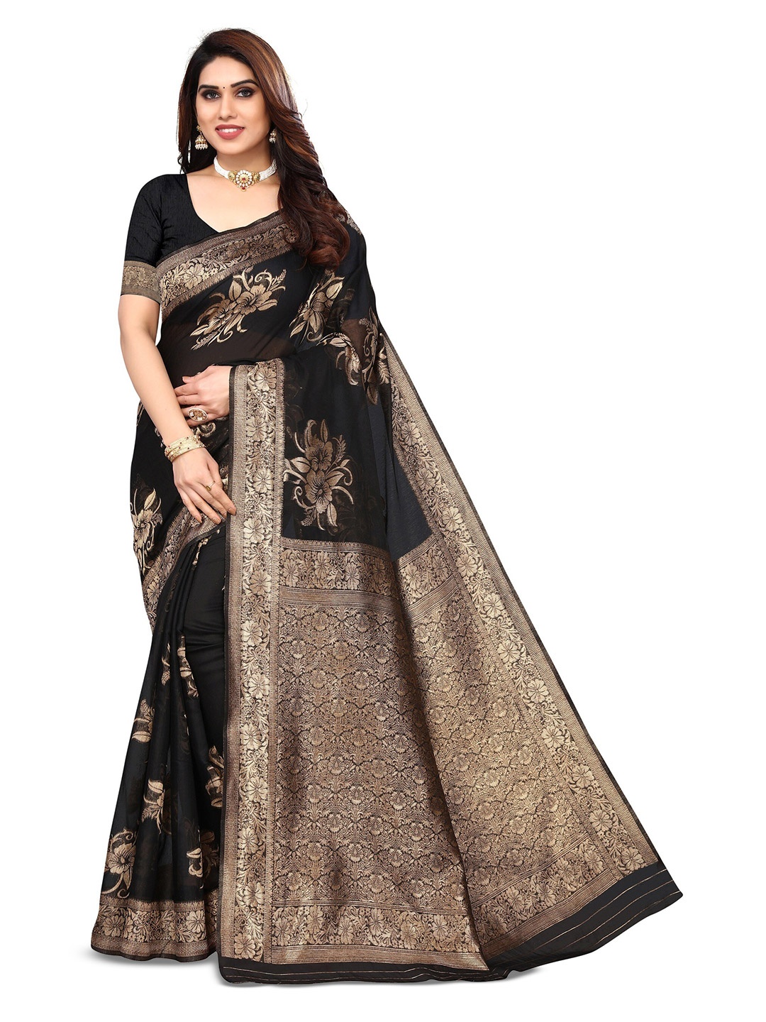 

Varanga Ethnic Motifs Woven Design Zari Art Silk Banarasi Saree, Black