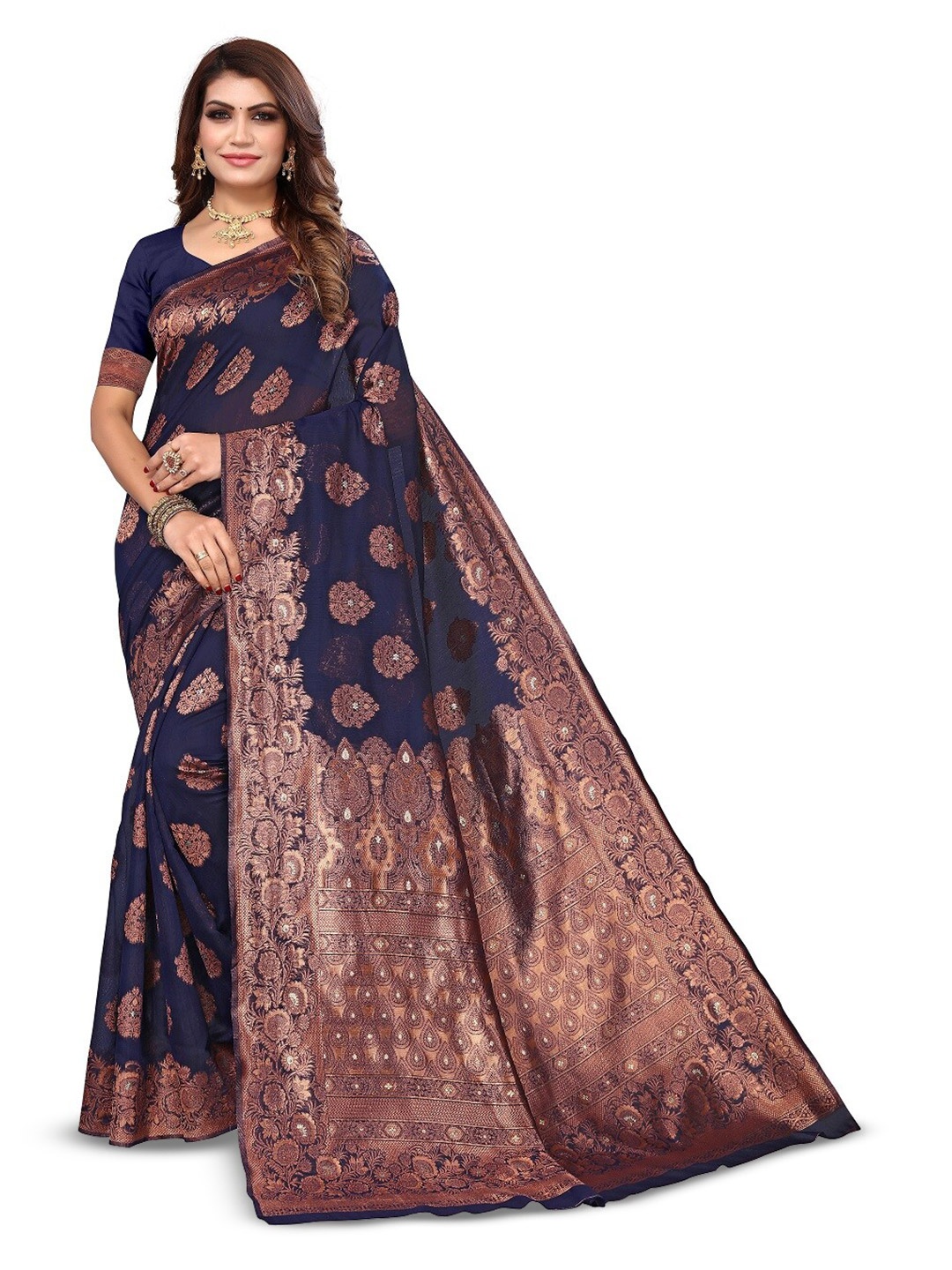 

Varanga Navy Blue & Gold-Toned Ethnic Motifs Woven Design Zari Banarasi Saree