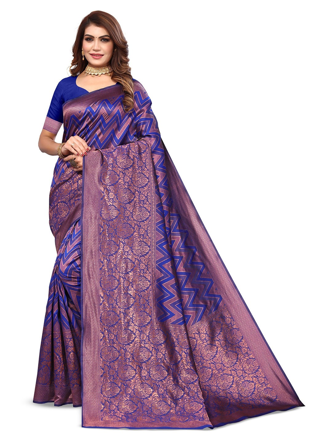 

Varanga Blue Geometric Woven Design Zari Art Silk Banarasi Saree