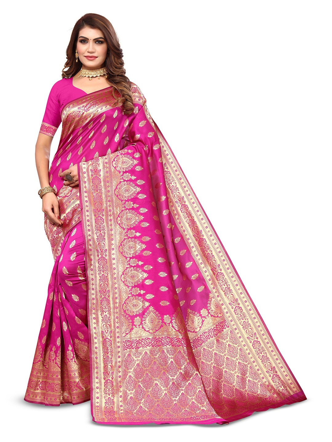 

Varanga Ethnic Motifs Woven Design Zari Art Silk Banarasi Saree, Fuchsia